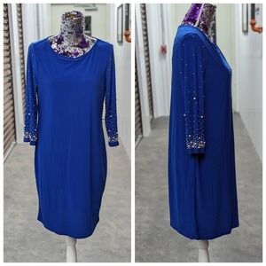 Cocktail Evening Formal Beaded Sleeve Blue Sheath Dress Nik & Nash Large